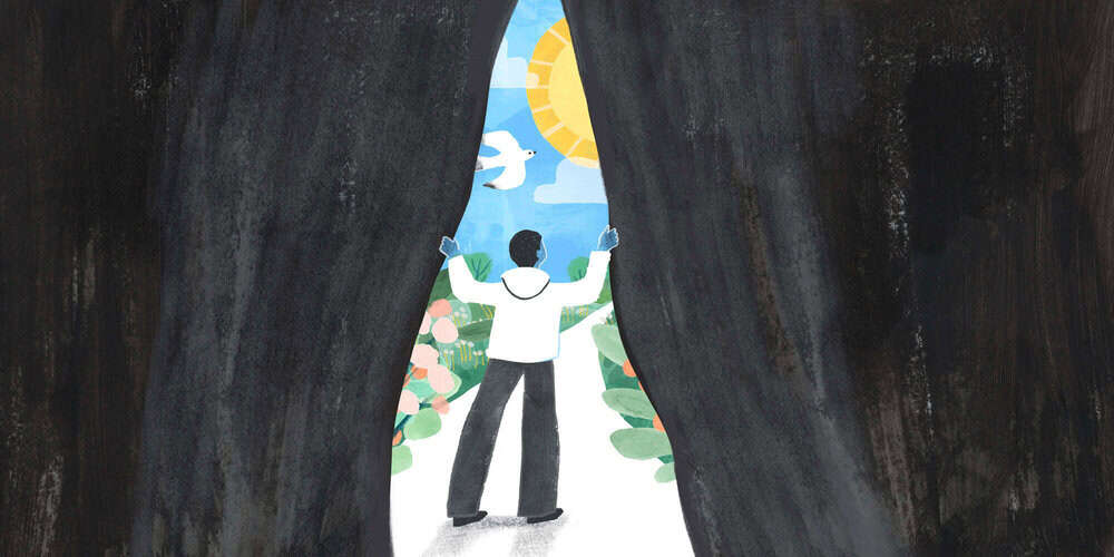 An illustration of a young from behind, pulling open black curtains to reveal the sunny, beautiful day outside.