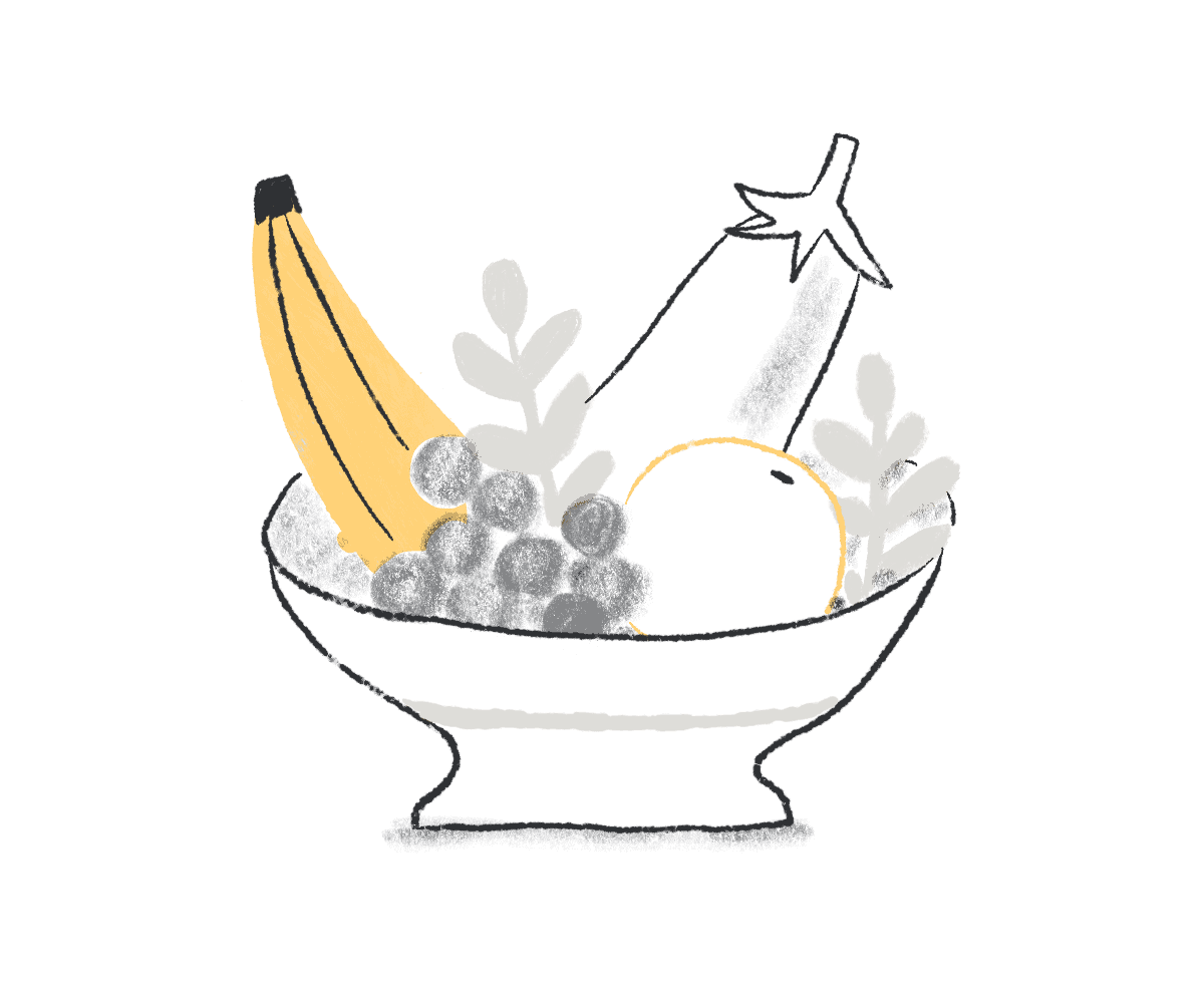 An illustration of a bowl of fruits and vegetables. The banana’s bright yellow stands in contrast to the other options.
